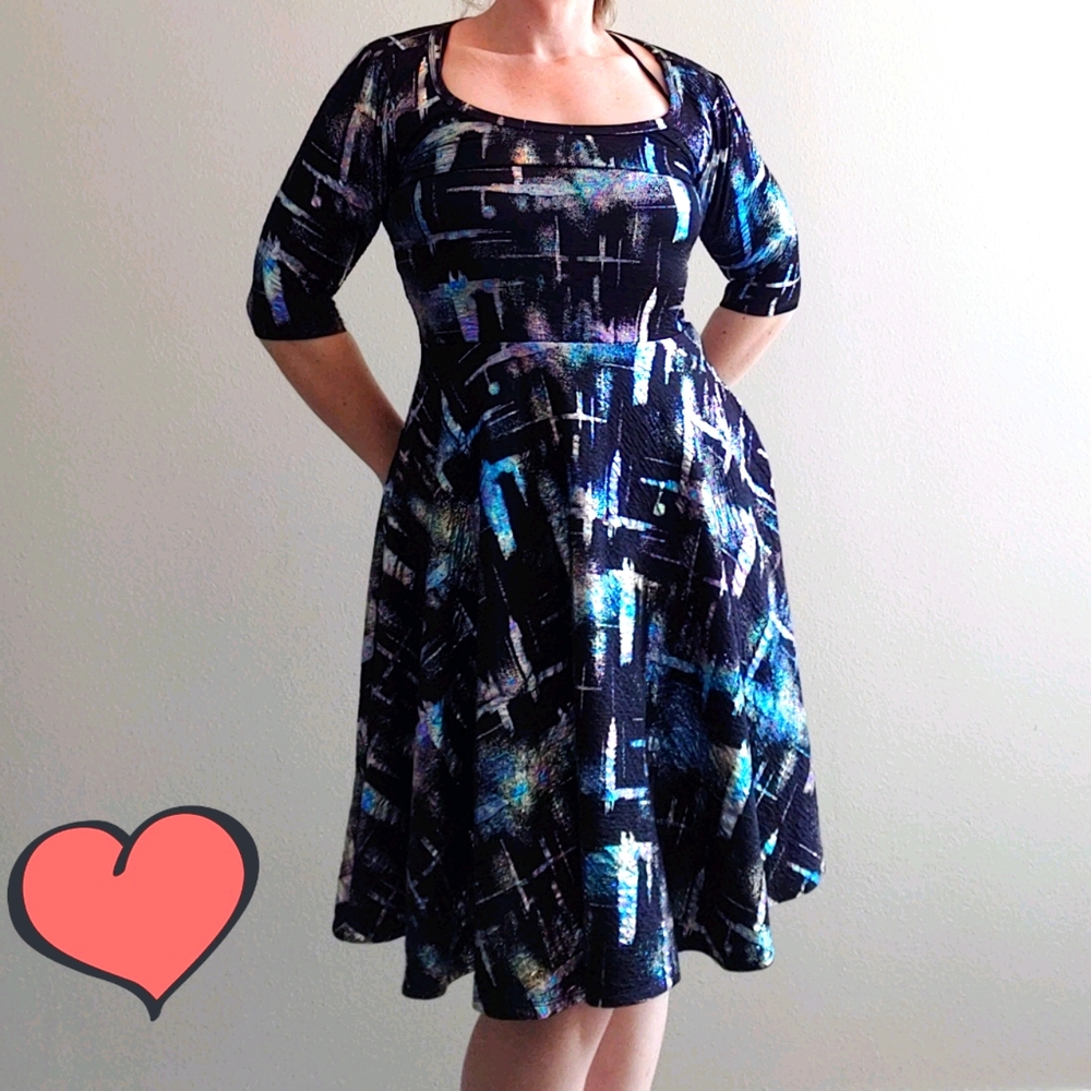 NWT Metallic Iridescent Black Crinkle Nicole Midi Knee Length Dress Flowy Skirt